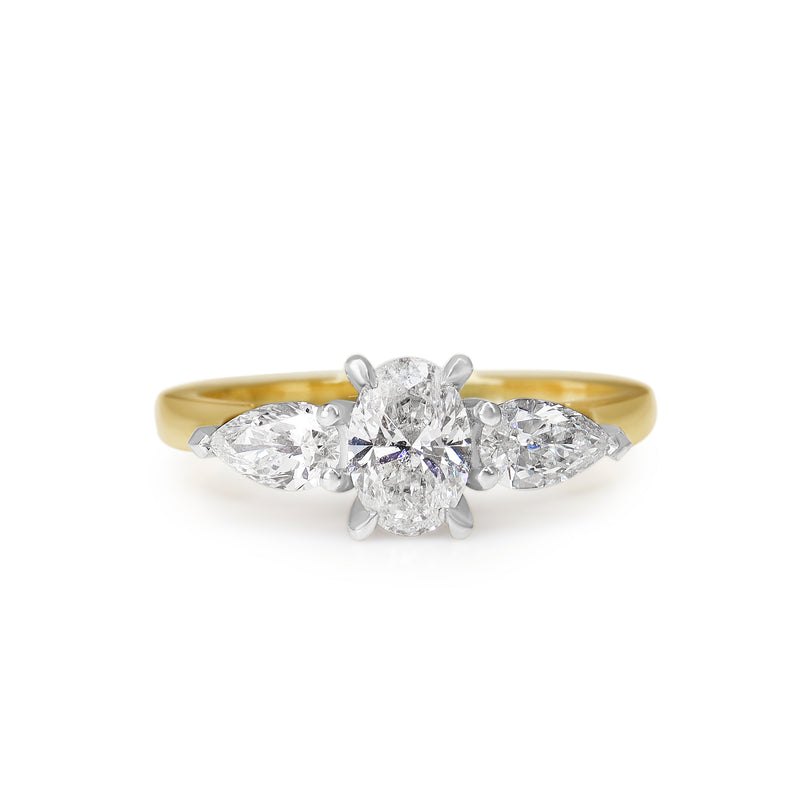 18ct Yellow and White Gold Oval and Pear Diamond 3 Stone Ring