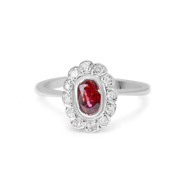 Platinum Ruby and Single Cut Diamond Halo Ring