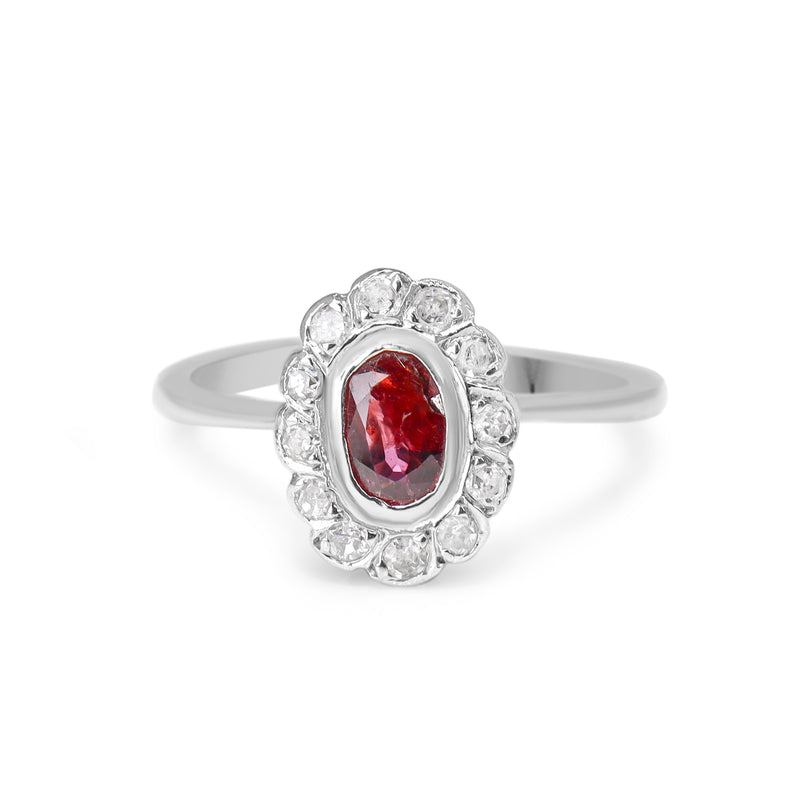 Platinum Ruby and Single Cut Diamond Halo Ring