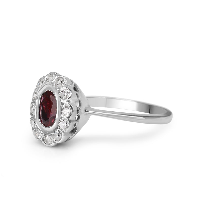 Platinum Ruby and Single Cut Diamond Halo Ring