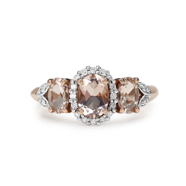 9ct Rose Gold 3 Stone Morganite and Diamond Halo Ring