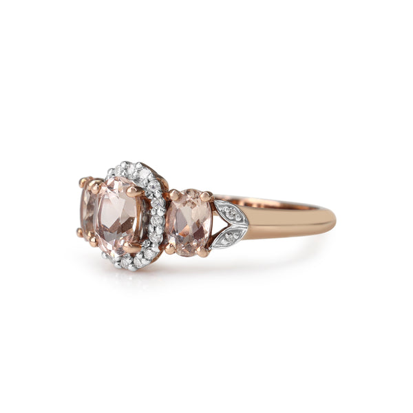 9ct Rose Gold 3 Stone Morganite and Diamond Halo Ring