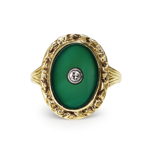 14ct Yellow Gold Vintage Jade and Diamond Etched Ring