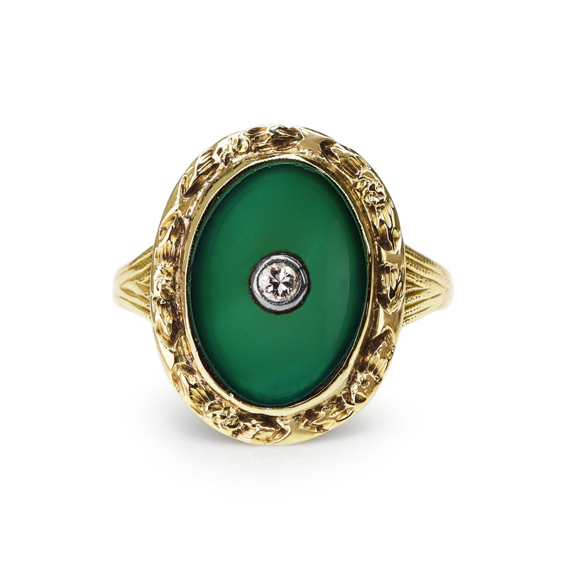 14ct Yellow Gold Vintage Jade and Diamond Etched Ring