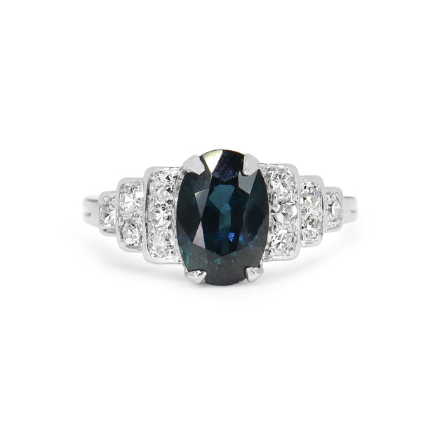 Platinum Sapphire and Single Cut Diamond Art Deco Ring