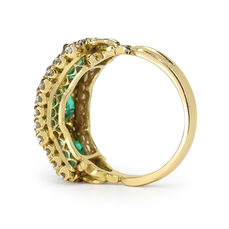 18ct Yellow Gold Emerald and Diamond 3 Stone Halo Ring