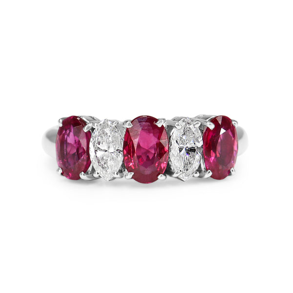 Platinum Ruby and Diamond Oval and Marquise 5 Stone Diamond Ring