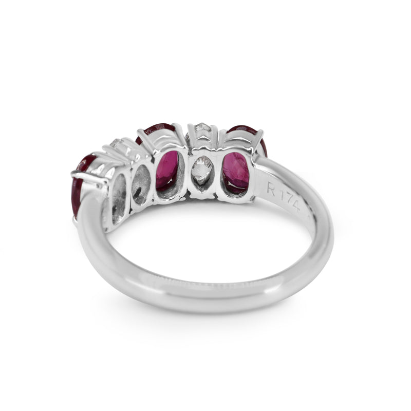 Platinum Ruby and Diamond Oval and Marquise 5 Stone Diamond Ring