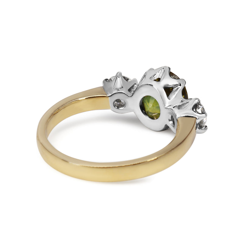 18ct Yellow and White Gold Vintage Style 3 Stone Yellow / Parti Sapphire and Diamond Ring
