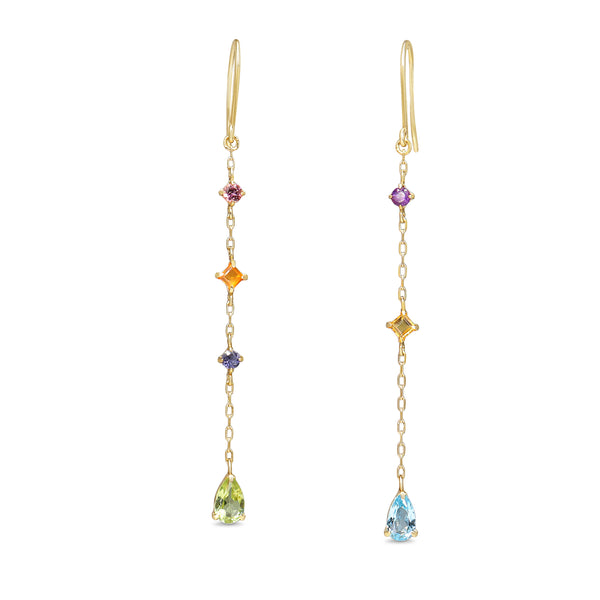 10ct Yellow Gold Multi Stone Topaz, Peridot, Tourmaline, Citrine and Iolite Drop Earrings