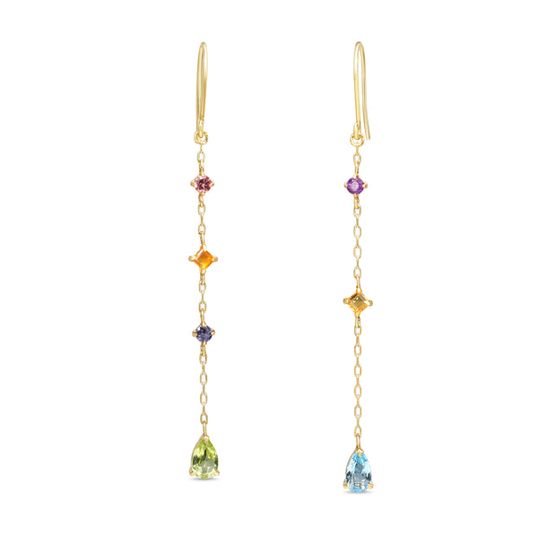 10ct Yellow Gold Multi Stone Topaz, Peridot, Tourmaline, Citrine and Iolite Drop Earrings