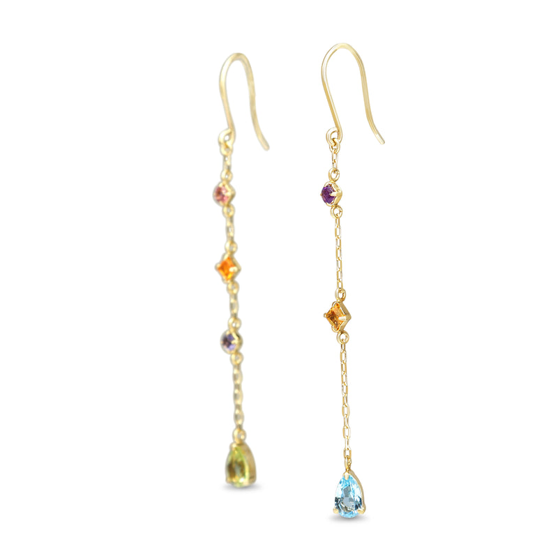 10ct Yellow Gold Multi Stone Topaz, Peridot, Tourmaline, Citrine and Iolite Drop Earrings