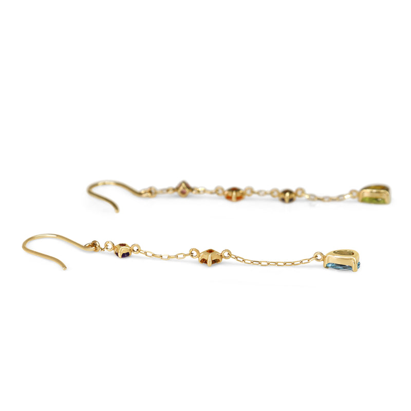 10ct Yellow Gold Multi Stone Topaz, Peridot, Tourmaline, Citrine and Iolite Drop Earrings