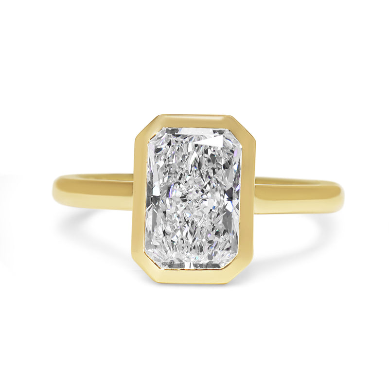18ct Yellow Gold Bezel Set Radiant Cut Lab Grown Diamond Solitaire Ring