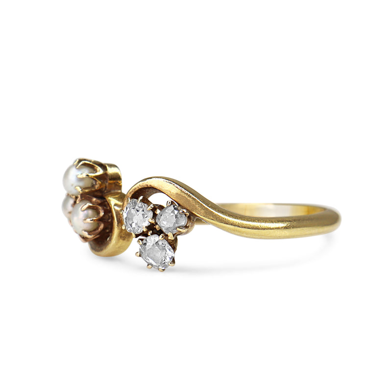 18ct Yellow Gold Antique Seed Pearl and Old Cut Diamond Ring