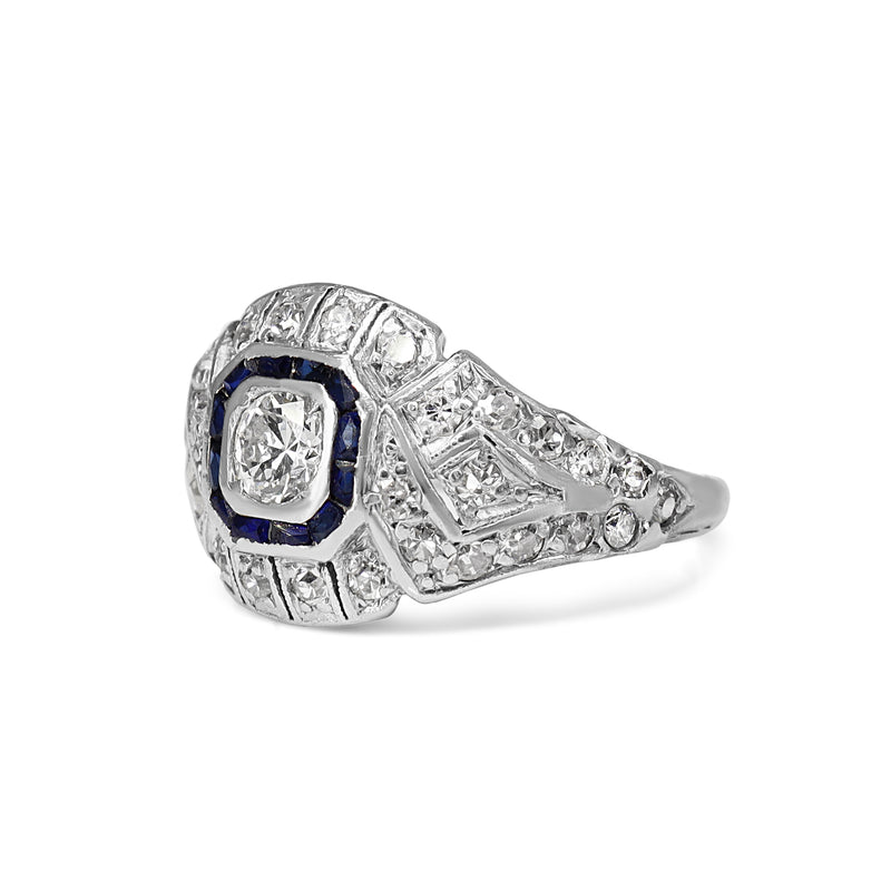 Platinum Art Deco Sapphire and Old Cut Diamond Ring