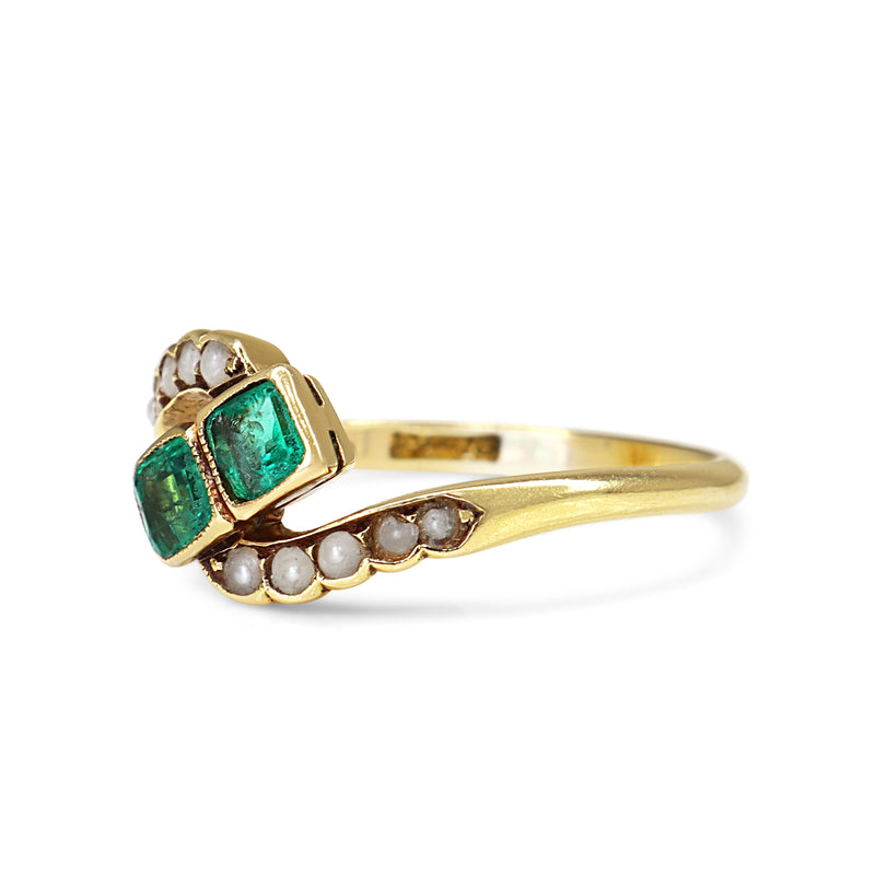 18ct Yellow Gold Emerald and Seed Pearl Antique Ring