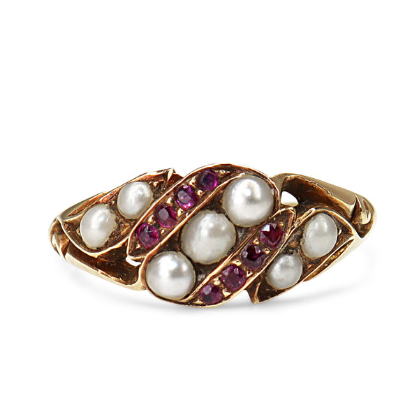 9ct Yellow Gold Antique Victorian Ruby and Seed Pearl Ring