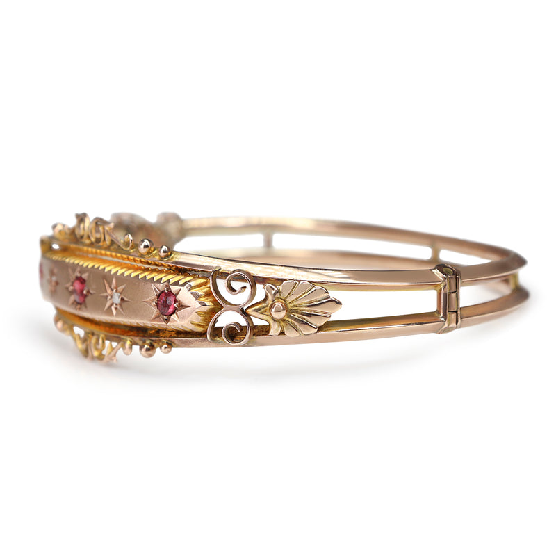 9ct Rose Gold Antique Garnet and Diamond Bangle
