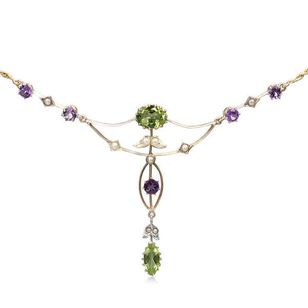 15ct Yellow Gold Antique Peridot, Pearl and Amethyst Suffragette Necklace