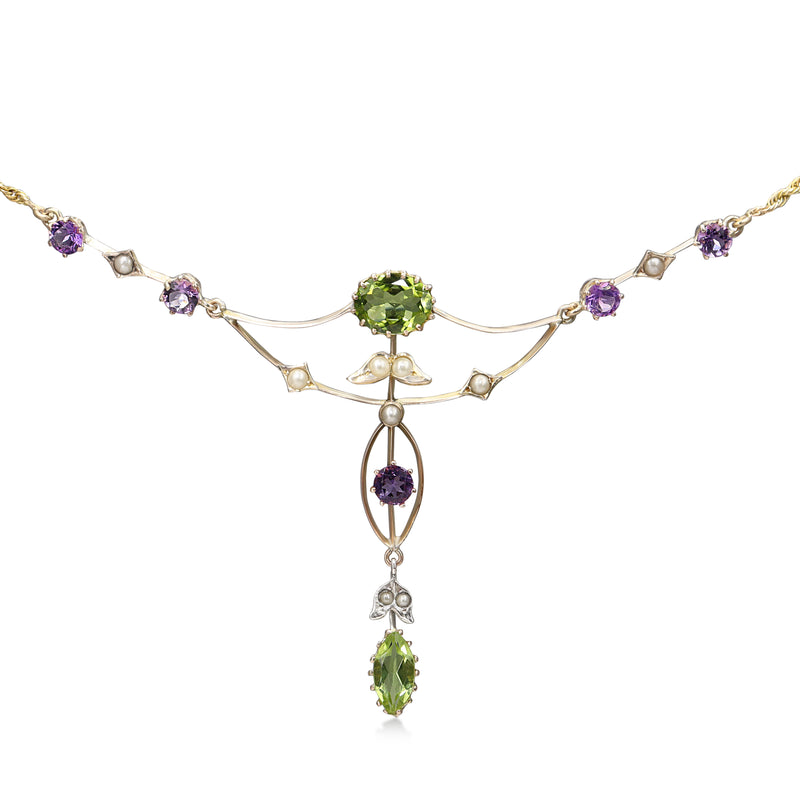 15ct Yellow Gold Antique Peridot, Pearl and Amethyst Suffragette Necklace