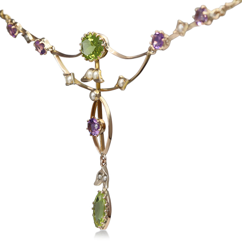 15ct Yellow Gold Antique Peridot, Pearl and Amethyst Suffragette Necklace