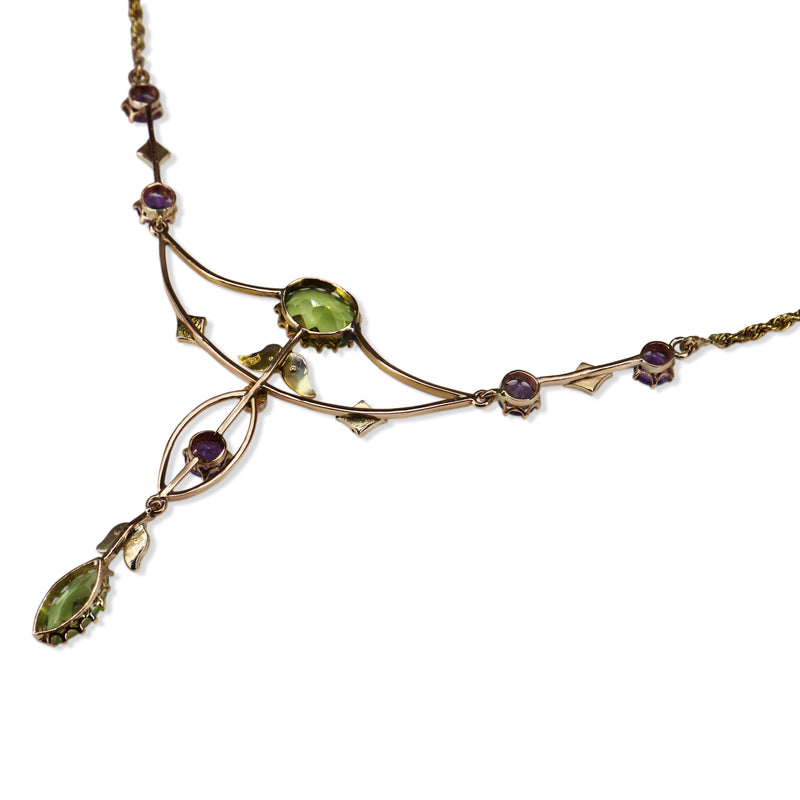15ct Yellow Gold Antique Peridot, Pearl and Amethyst Suffragette Necklace
