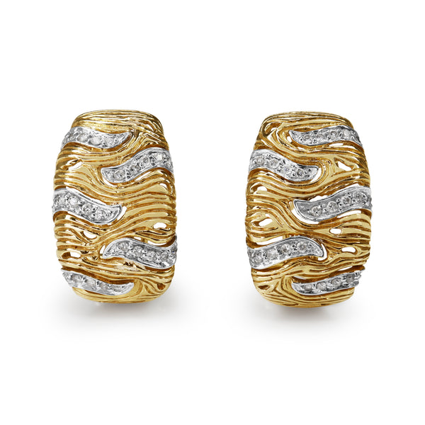 14ct Yellow and White Gold Diamond Swirl Engraved Earrings