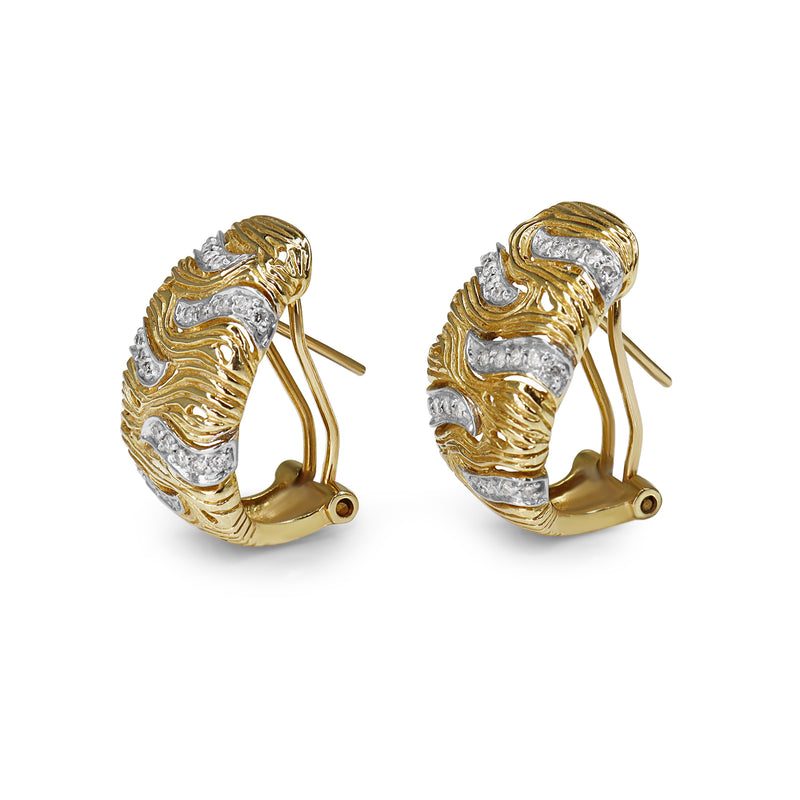 14ct Yellow and White Gold Diamond Swirl Engraved Earrings