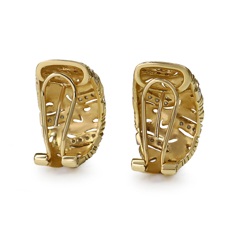 14ct Yellow and White Gold Diamond Swirl Engraved Earrings