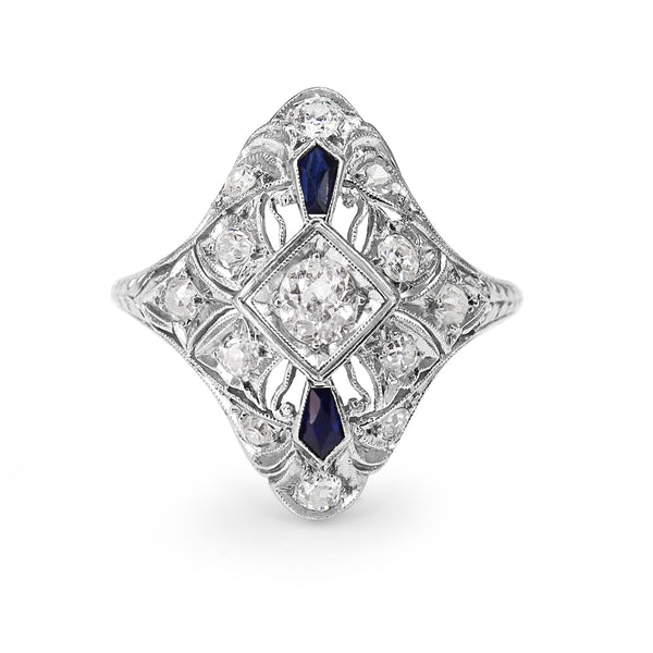 Platinum Art Deco Sapphire and Old Cut Diamond Ring