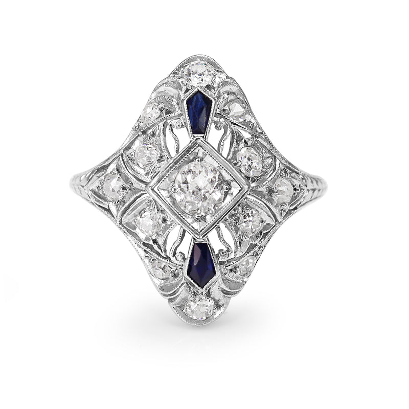 Platinum Art Deco Sapphire and Old Cut Diamond Ring