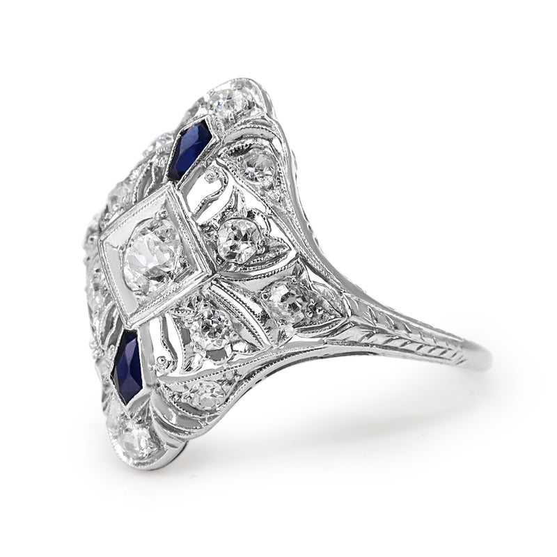 Platinum Art Deco Sapphire and Old Cut Diamond Ring