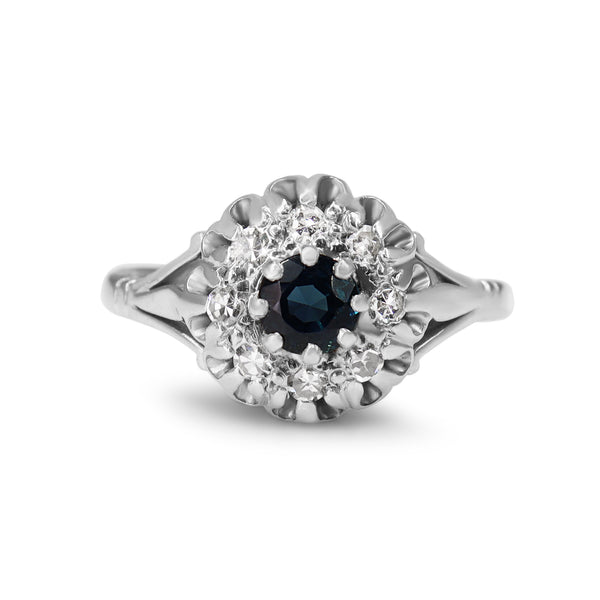 18ct White Gold Sapphire and Single Cut Diamond Vintage Halo Ring