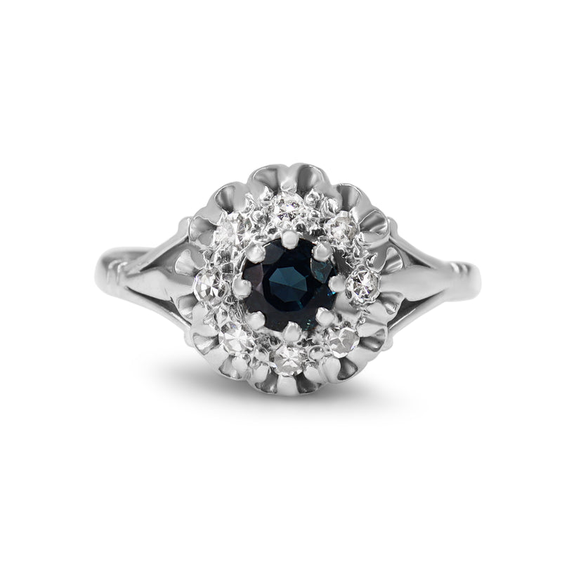 18ct White Gold Sapphire and Single Cut Diamond Vintage Halo Ring
