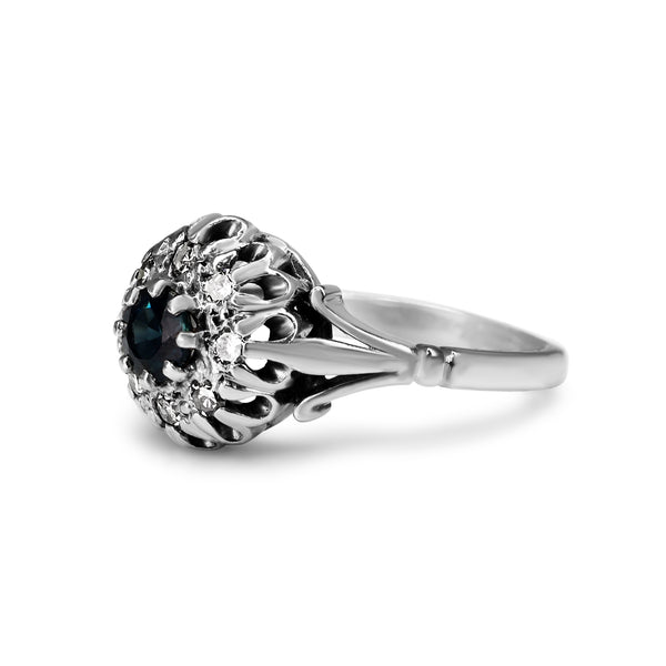 18ct White Gold Sapphire and Single Cut Diamond Vintage Halo Ring