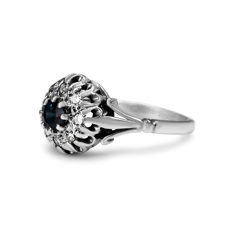 18ct White Gold Sapphire and Single Cut Diamond Vintage Halo Ring