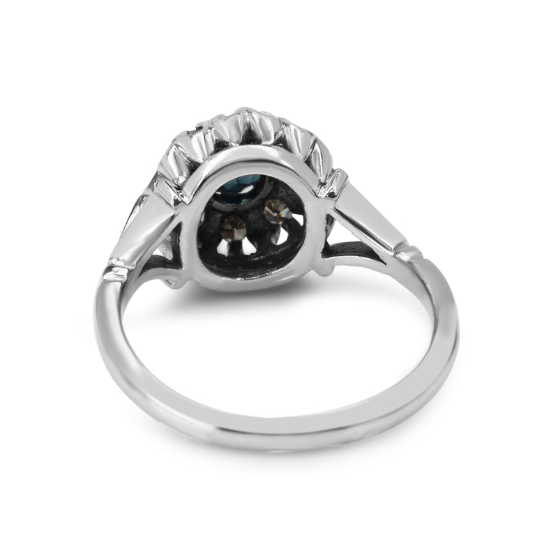 18ct White Gold Sapphire and Single Cut Diamond Vintage Halo Ring