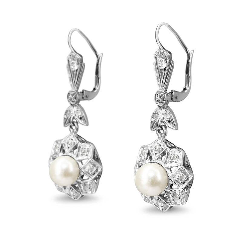 Palladium Cultured Pearl and Rose Cut Diamond Art Deco Earrings