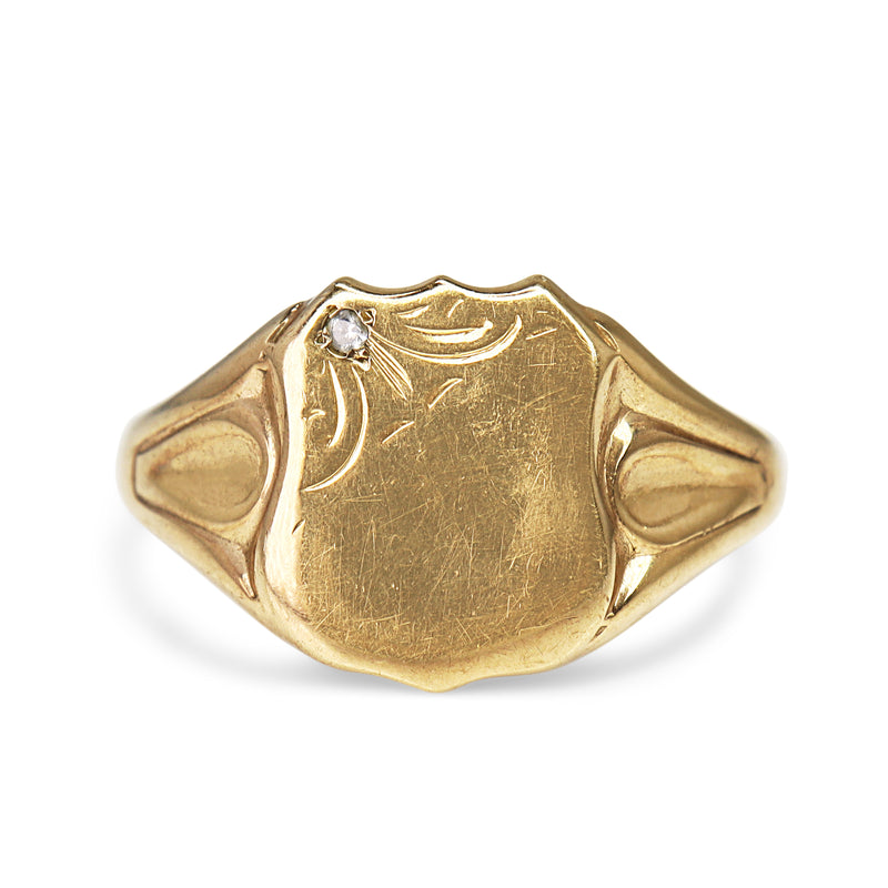 9ct Yellow Gold Diamond Sheild Signet Ring