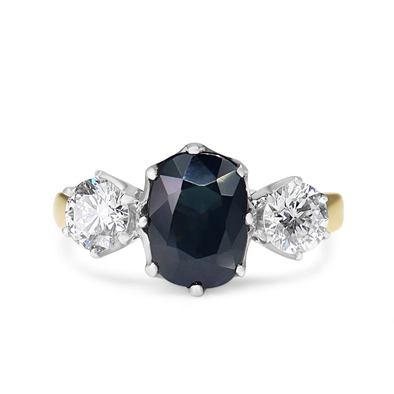 18ct Yellow and White Gold Sapphire and Diamond Antique Style 3 Stone Ring