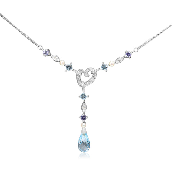 9ct White Gold Topaz, Tanzanite, Pearl and Diamond Necklace