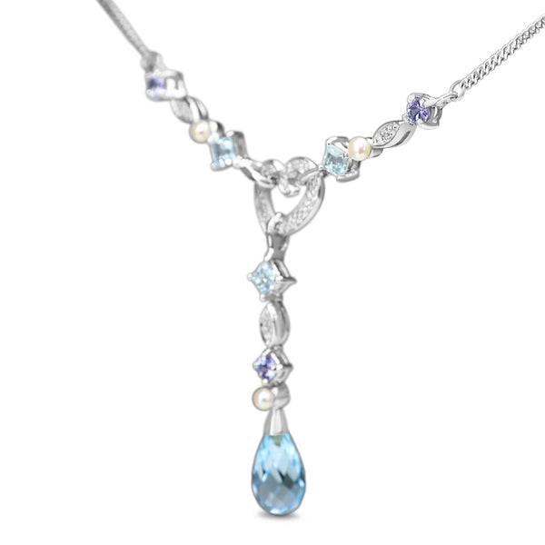 9ct White Gold Topaz, Tanzanite, Pearl and Diamond Necklace