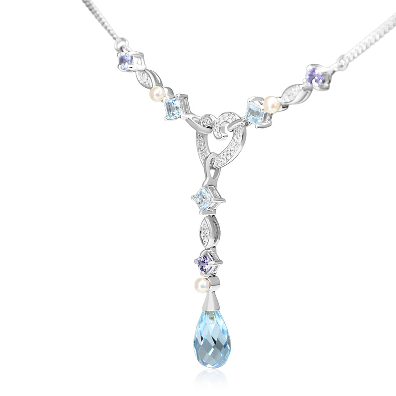 9ct White Gold Topaz, Tanzanite, Pearl and Diamond Necklace