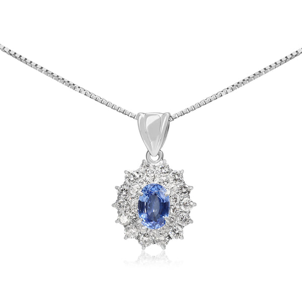 Platinum Sapphire and Double Halo Diamond Necklace