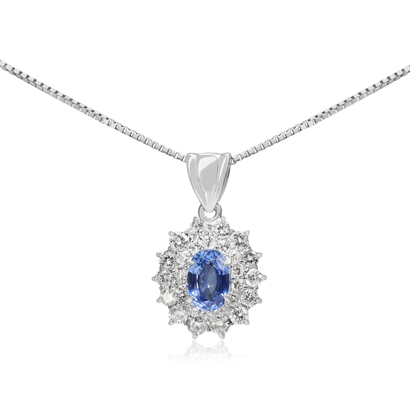 Platinum Sapphire and Double Halo Diamond Necklace