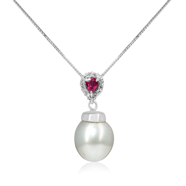 18ct White Gold Ruby, Diamond and South Sea 12mm Pearl Necklace