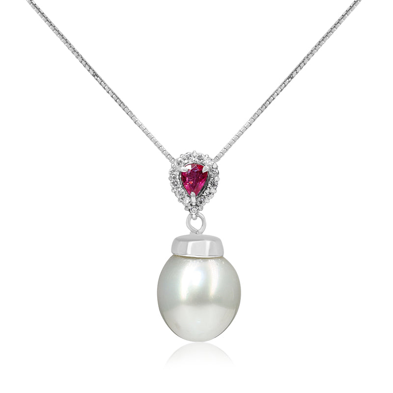 18ct White Gold Ruby, Diamond and South Sea 12mm Pearl Necklace