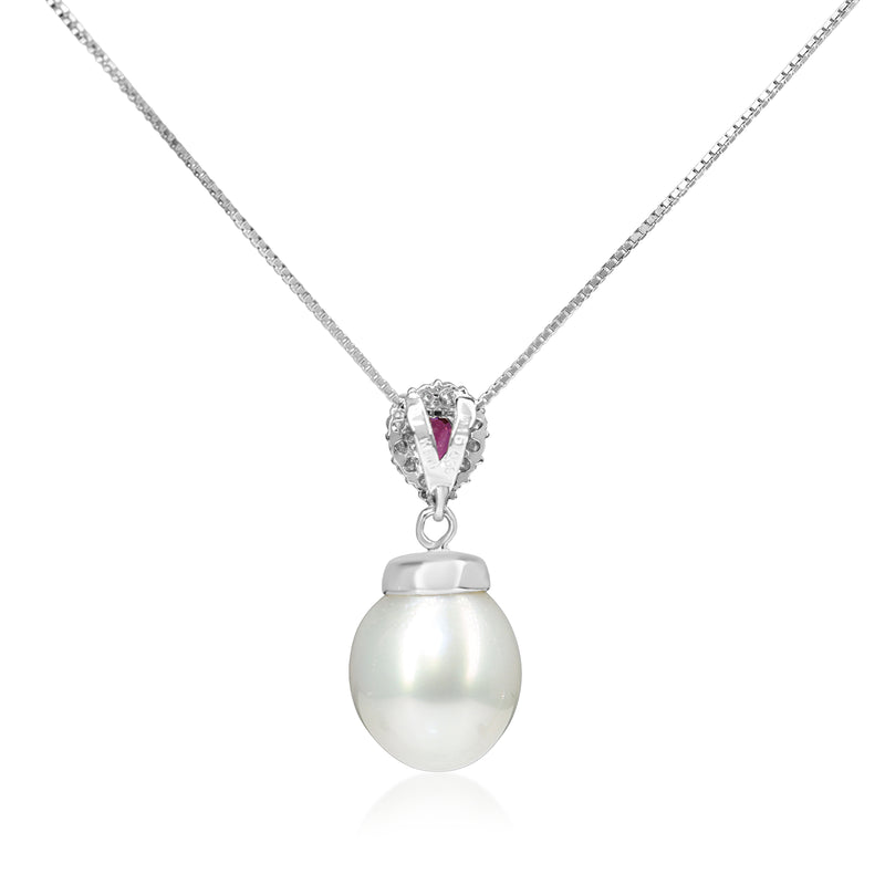18ct White Gold Ruby, Diamond and South Sea 12mm Pearl Necklace