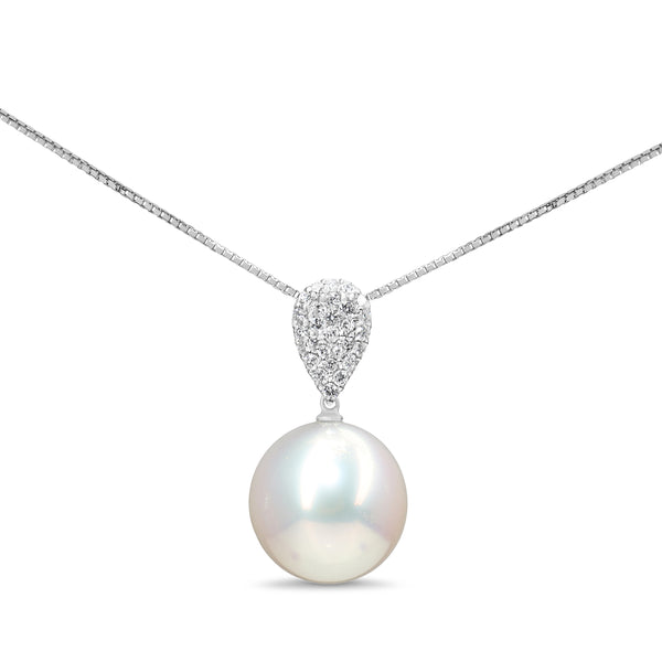 18ct White Gold South Sea 13mm Pearl and Pavé Diamond Bental Necklace
